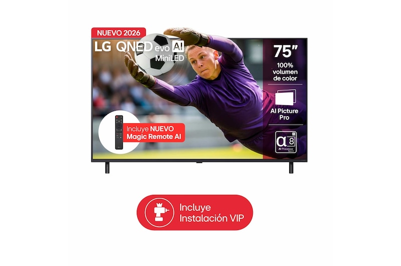 Vista frontal de TV LG 75" QNED evo AI 4K – Fútbol a escala espectacular 75QNED85BSG